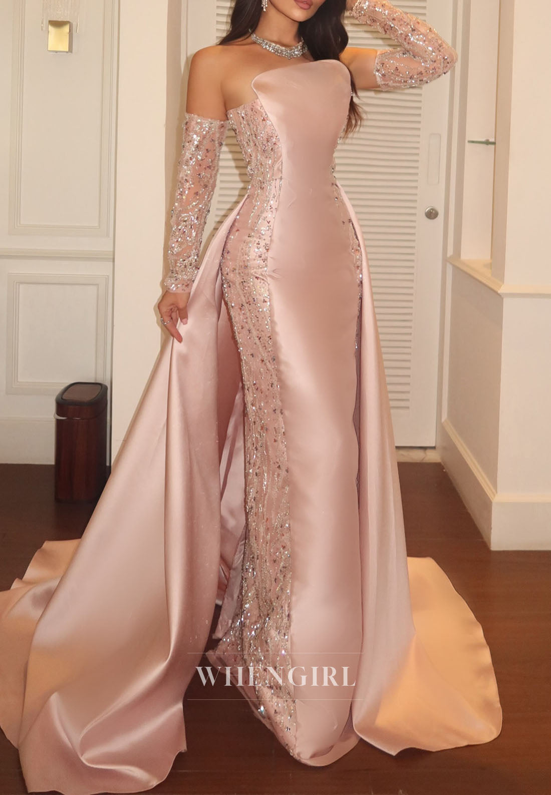 Strapless Column Gown with Overskirt & Sleeves