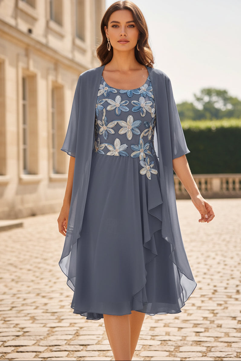 Floral Sequin Midi Dress with Chiffon Jacket Set