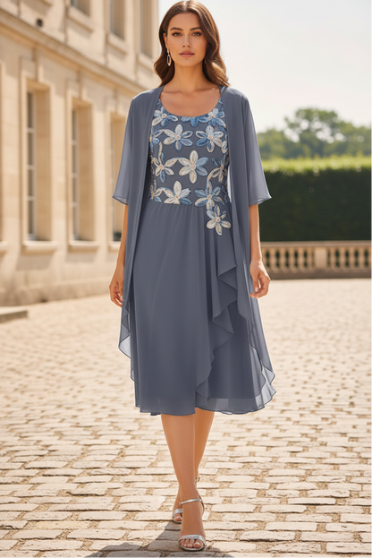 Floral Sequin Midi Dress with Chiffon Jacket Set