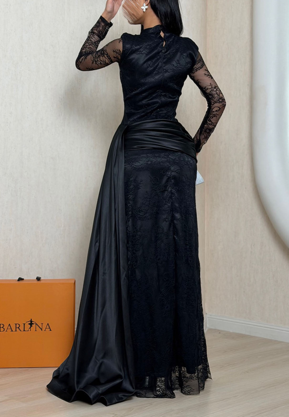 High Neck Lace Evening Gown with Satin Drape