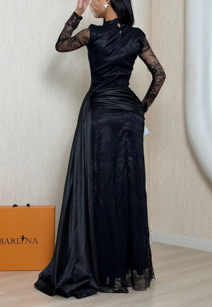 High Neck Lace Evening Gown with Satin Drape