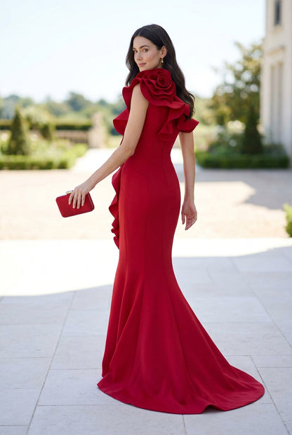 One-Shoulder Ruffle Rosette Gown with Slit