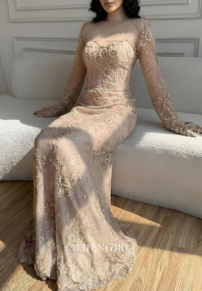 Corset Lace Long Sleeve Mermaid Evening Gown