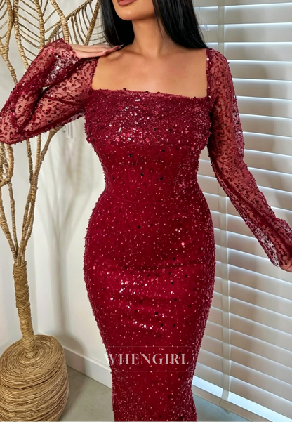 Pearl Beaded Mesh Long Sleeve Gown with Overskirt