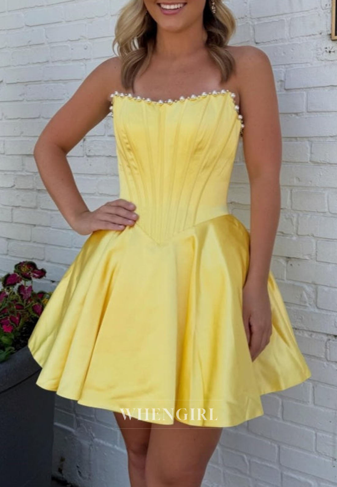 Strapless Corset Mini Dress with Pearl-Trim Neckline