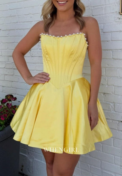Strapless Corset Mini Dress with Pearl-Trim Neckline