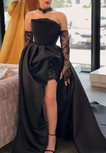 Strapless Draped Satin Gown with Lace Underskirt