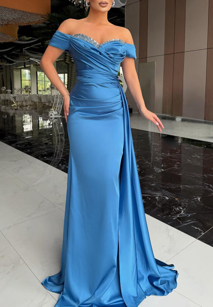 Off-Shoulder Ruched Satin Gown with Beaded Trim