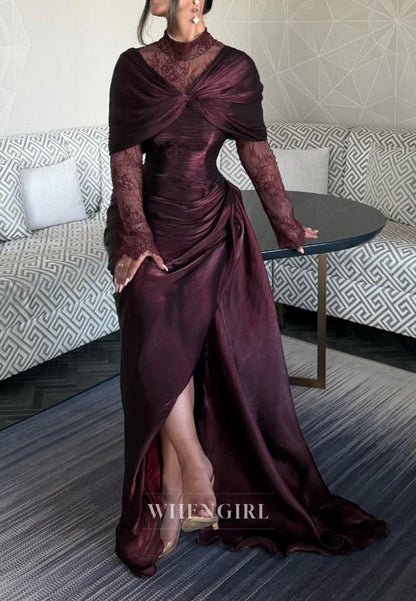 Draped Maxi Gown with Lace Underlay and High Slit