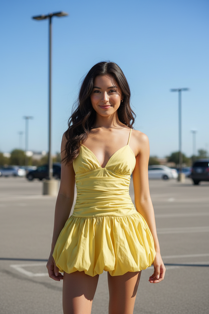 Spaghetti Strap Ruched Bubble Mini Dress
