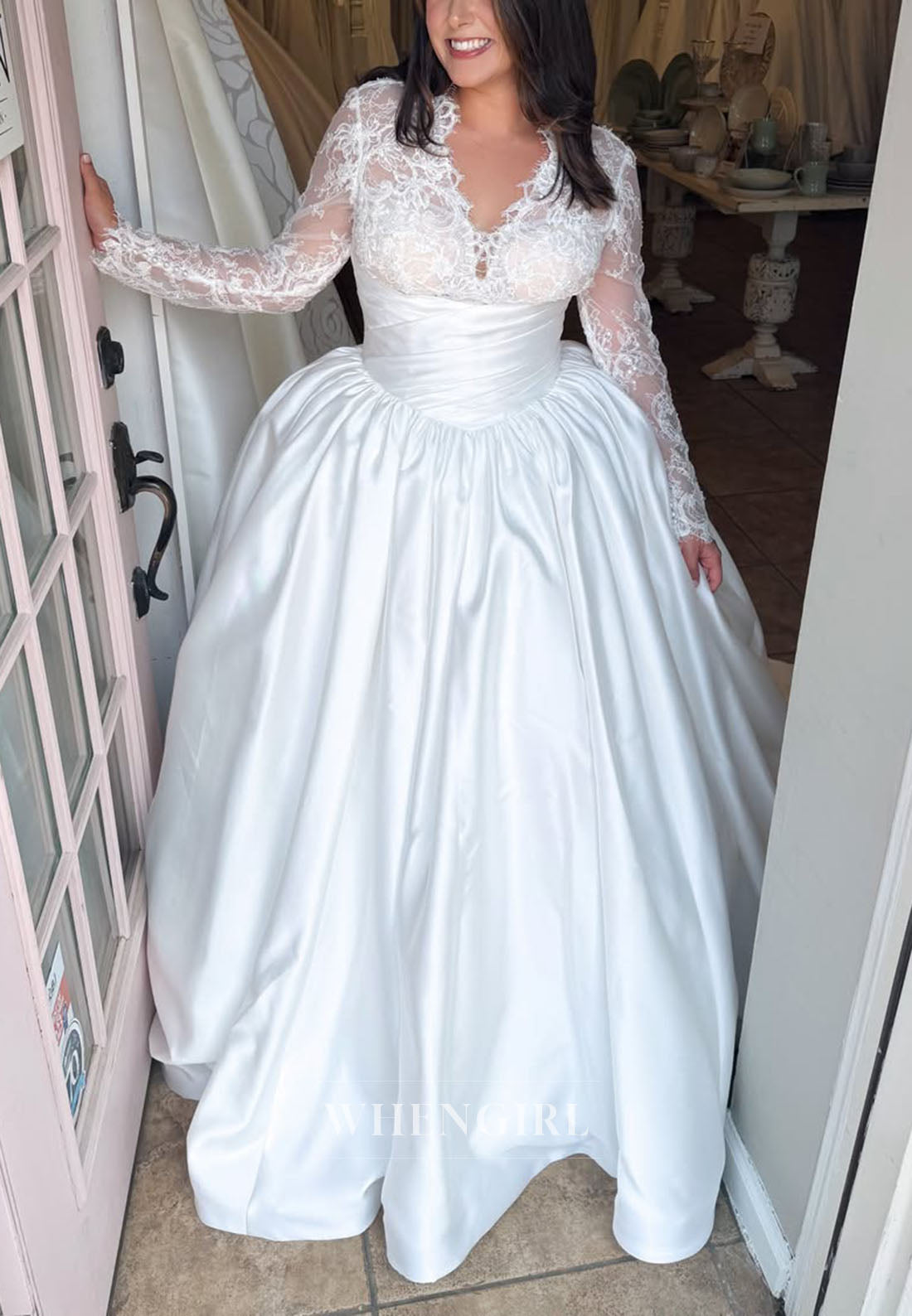 Lace Long Sleeve Ruched Satin Ball Gown Wedding Dress