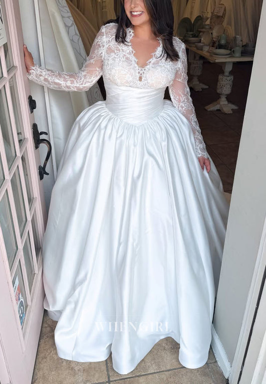 Lace Long Sleeve Ruched Satin Ball Gown Wedding Dress