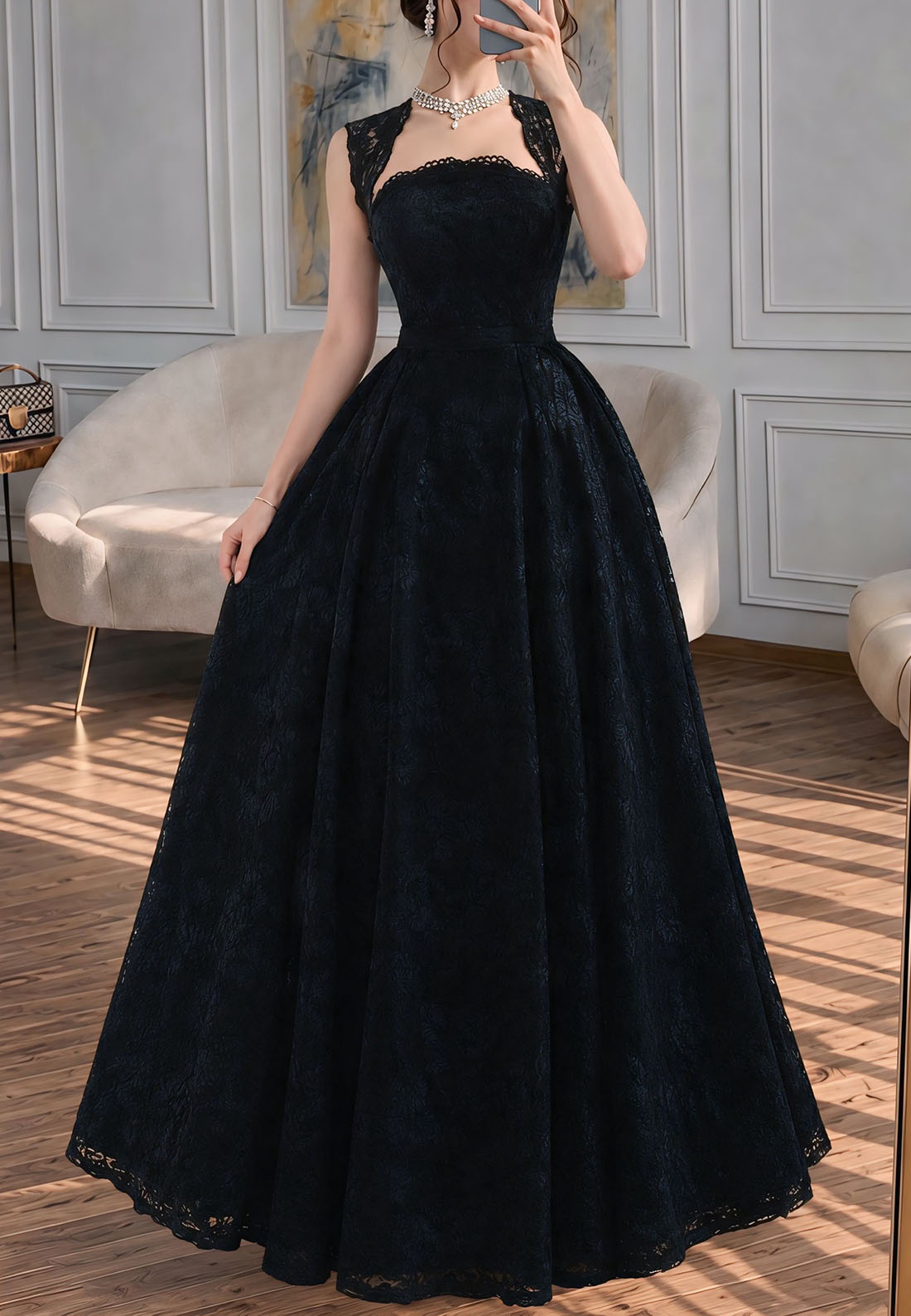 Lace A-Line Evening Gown with Scalloped Neckline