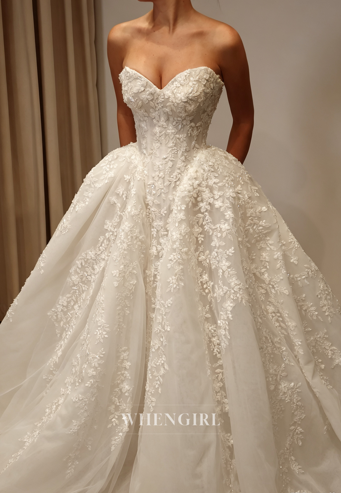 Strapless Floral Lace Applique Ball Gown Wedding Dress