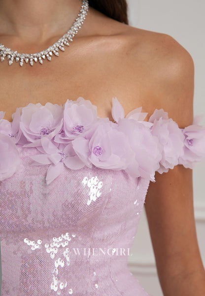 Sequin Off-the-Shoulder 3D Floral Gown