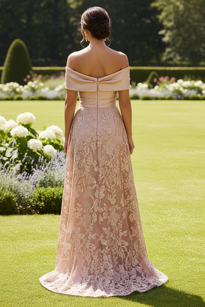Off-the-Shoulder Metallic Lace Evening Gown