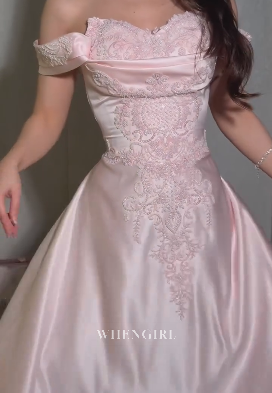 Embroidered Off-The-Shoulder Satin A-Line Gown