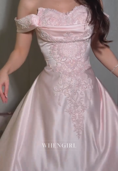 Embroidered Off-The-Shoulder Satin A-Line Gown
