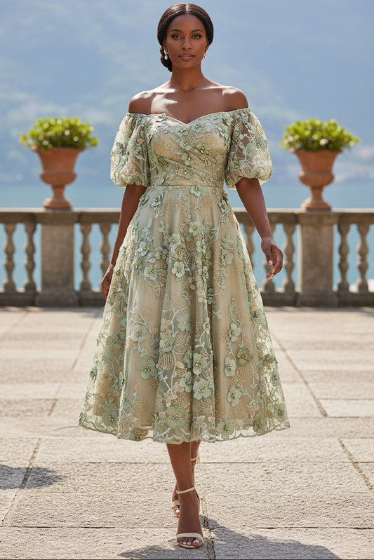 Embroidered 3D Floral Off-the-Shoulder Midi Dress