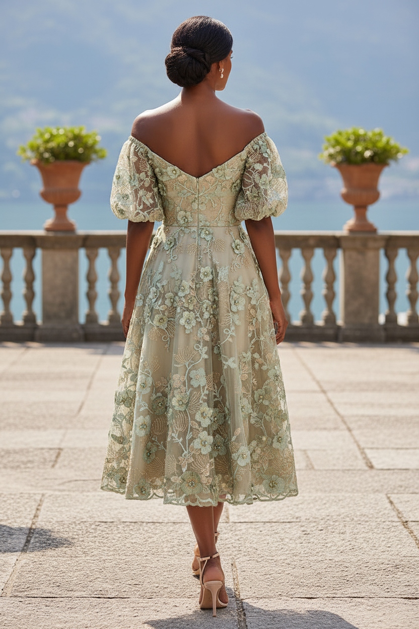 Embroidered 3D Floral Off-the-Shoulder Midi Dress
