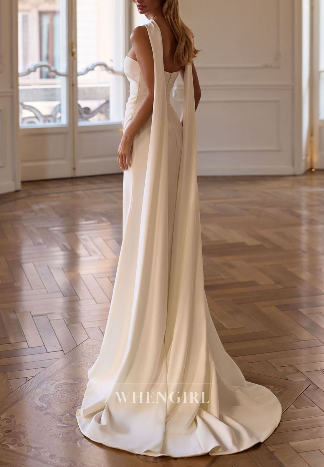 Strapless Ruched Wedding Gown with Scarf Cape