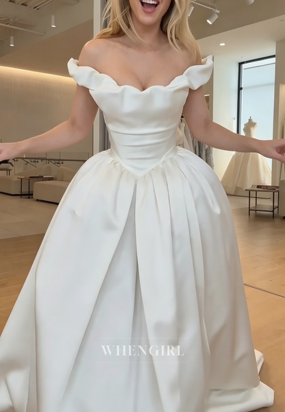 Off-the-Shoulder Pleated Ball Gown Wedding Dress