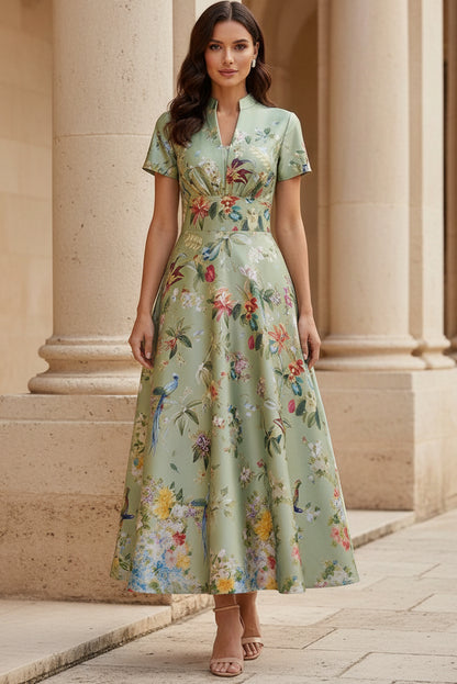 Floral Print Short Sleeve Notch Neck Midi Dress