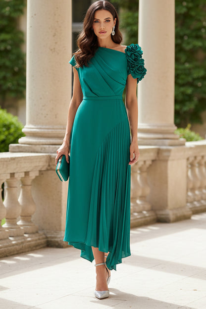 One-Shoulder 3D Floral Pleated Asymmetric Midi Dress