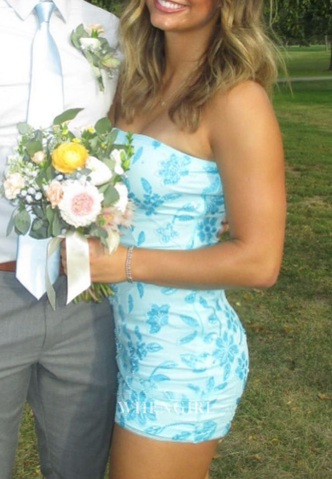 Strapless Beaded Floral Mesh Bodycon Dress