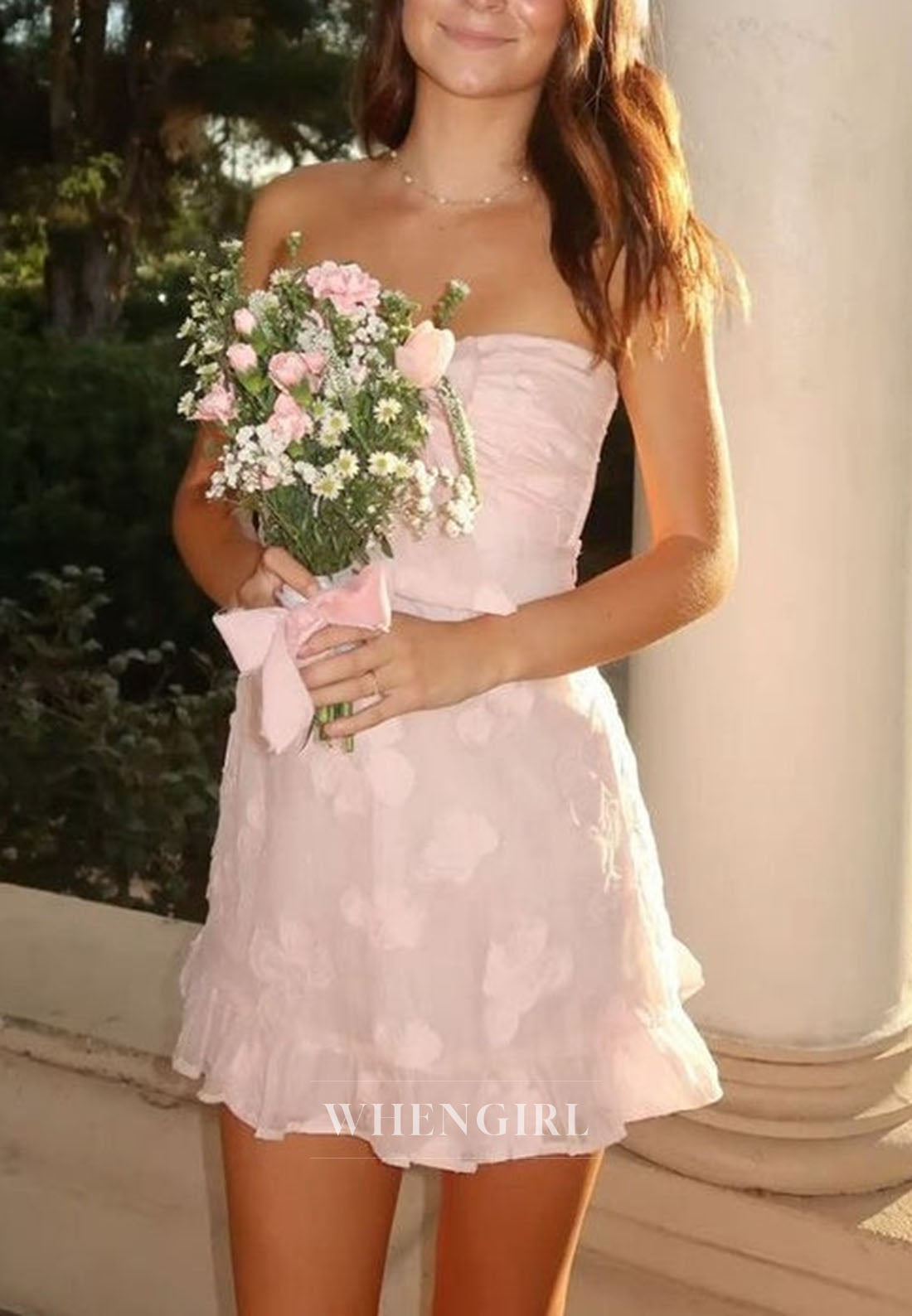 Strapless Floral Bow Mini Dress with Ruffle Hem