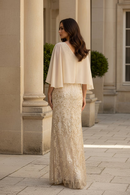 Sequined Cape-Sleeve V-Neck Gown