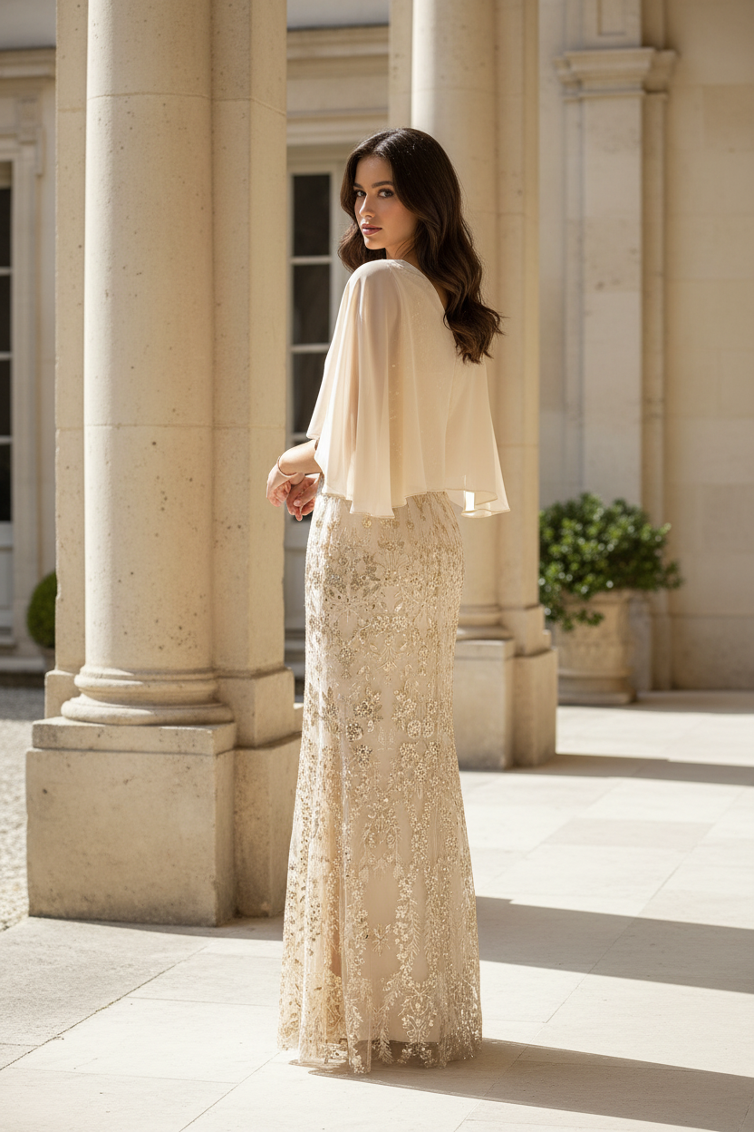 Sequined Cape-Sleeve V-Neck Gown