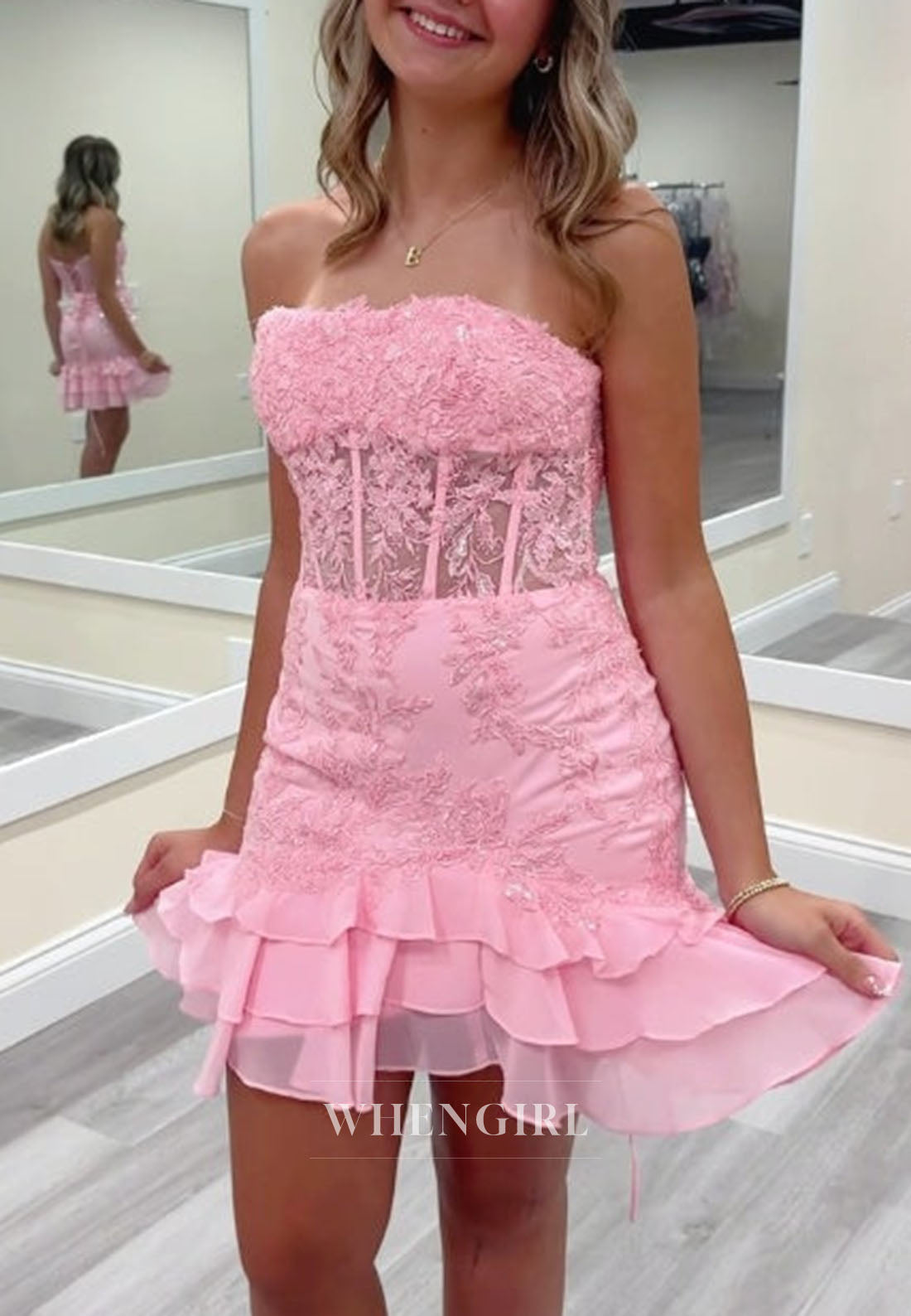 Strapless Corset Mini Dress with Sequin Lace & Ruffle Hem