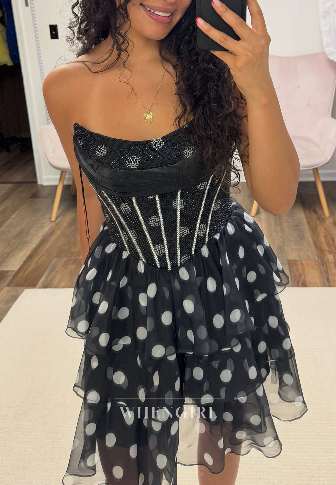 Strapless Beaded Corset Tiered Polka Dot Mini Dress