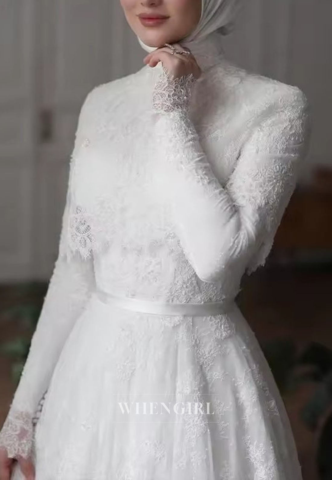 High Neck Lace A-Line Wedding Dress with Train