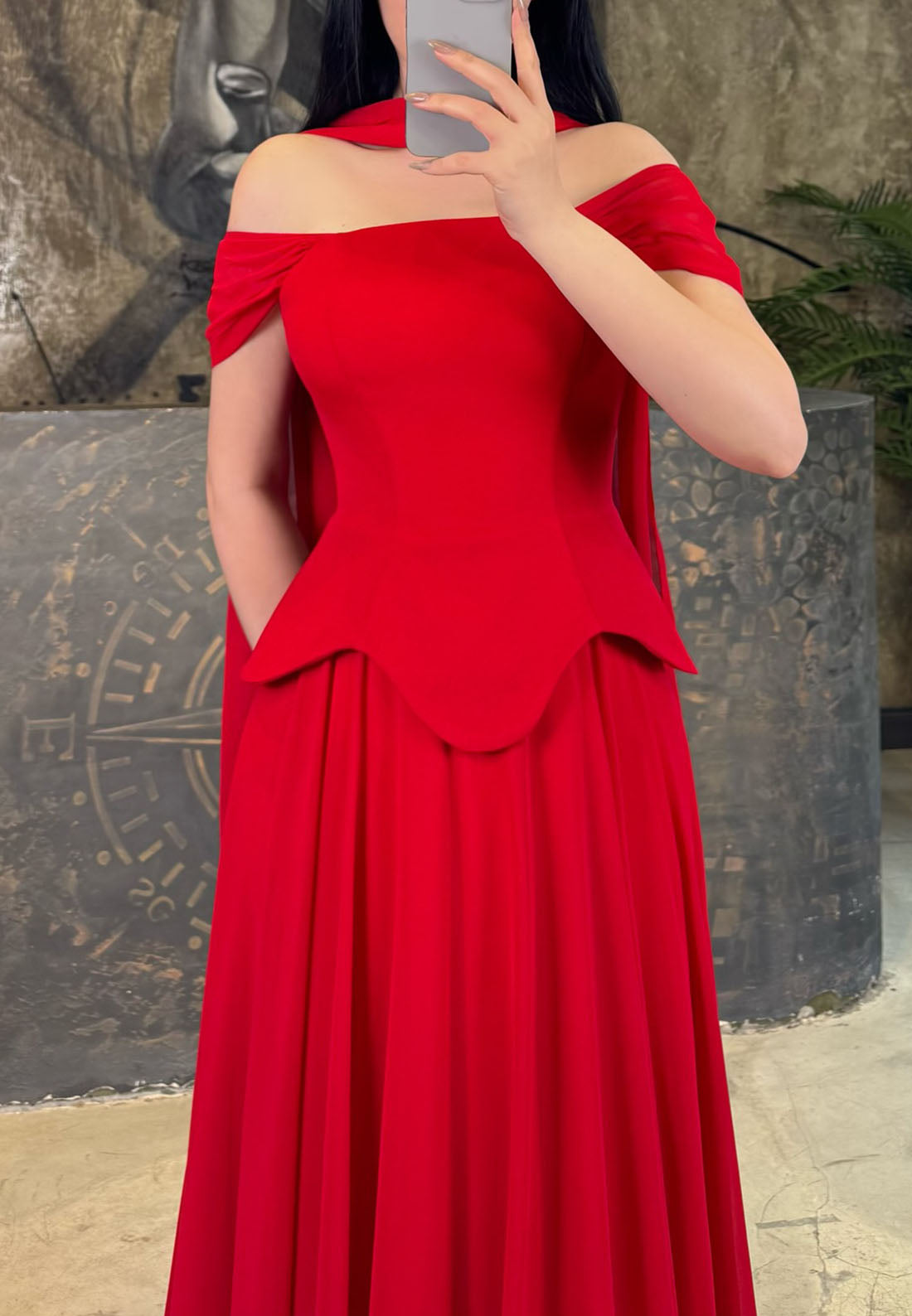 Off-Shoulder Basqued Bodice A-Line Gown with Cape