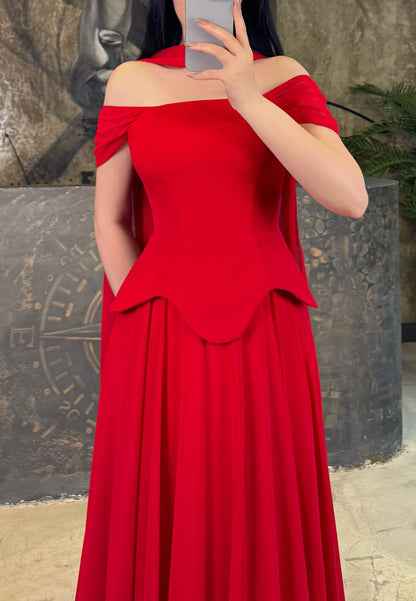 Off-Shoulder Basqued Bodice A-Line Gown with Cape