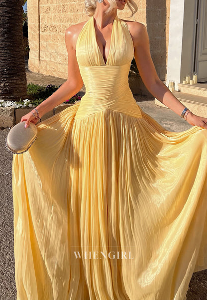 Pleated Halter A-Line Evening Gown with Open Back