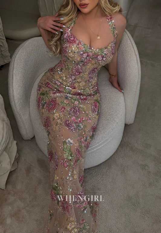 Floral Embroidered Halter Evening Gown