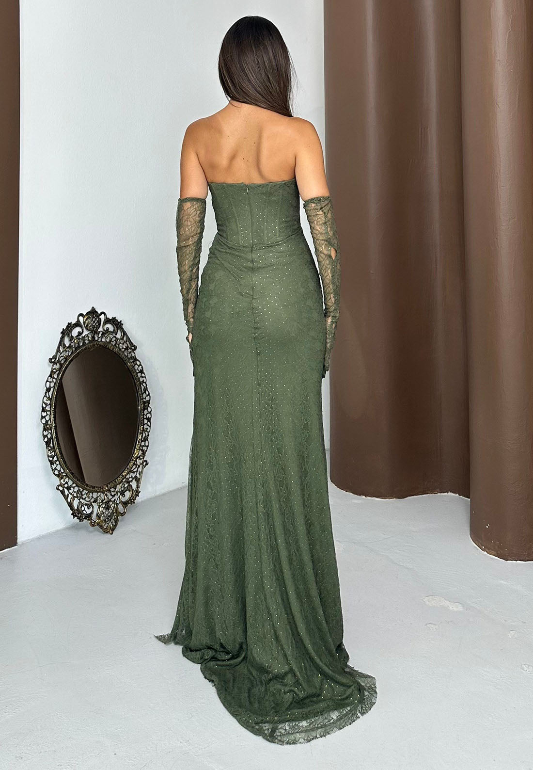 Strapless Lace Corset Gown with Slit and Gloves