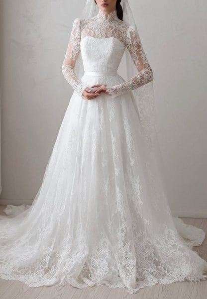 High-Neck Lace Long-Sleeve A-Line Wedding Dress