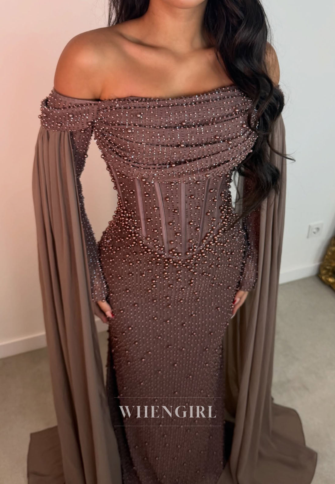 Pearl Beaded Off-the-Shoulder Corset Cape Gown