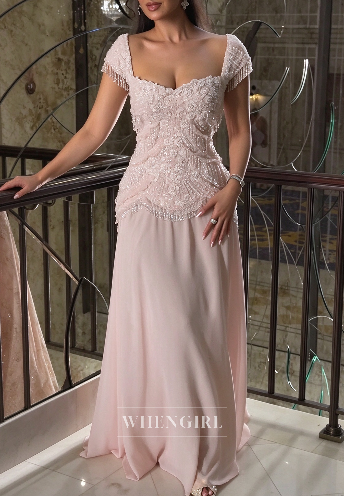 Beaded Drop-Waist Gown with Beaded Fringe Cap Sleeves