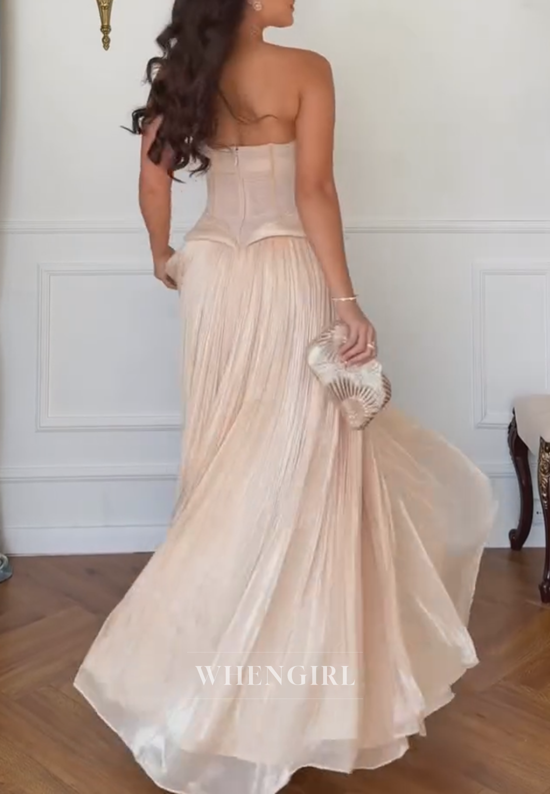 Strapless Beaded Corset Pleated Maxi Dress