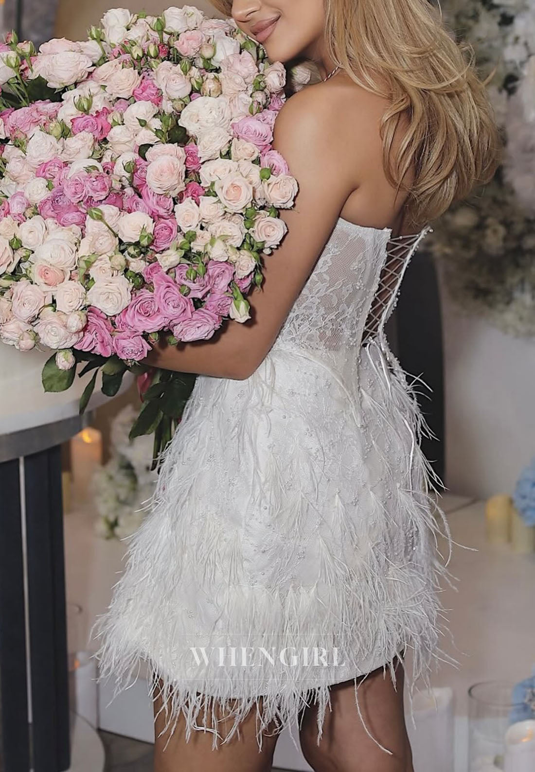 Strapless Lace Corset Mini Dress with Feathers