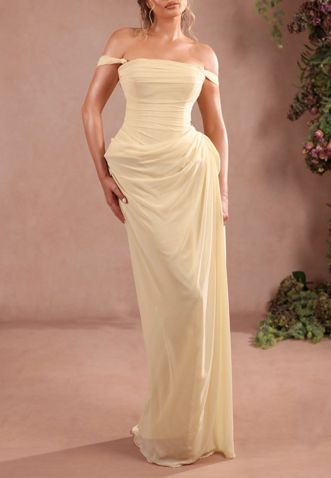 Off-the-Shoulder Draped Corset Gown with High Slit