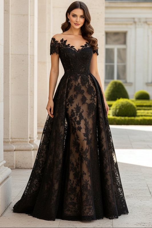 Off-the-Shoulder Lace Gown with Overskirt