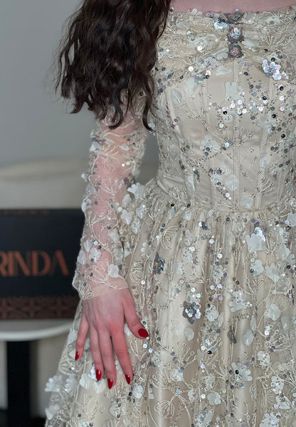 Off-the-Shoulder 3D Floral Applique Tea-Length Dress