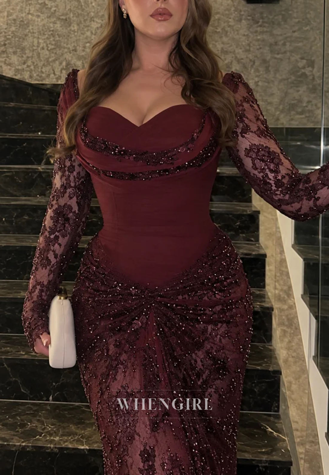 Beaded Lace Evening Gown with Long Sleeves