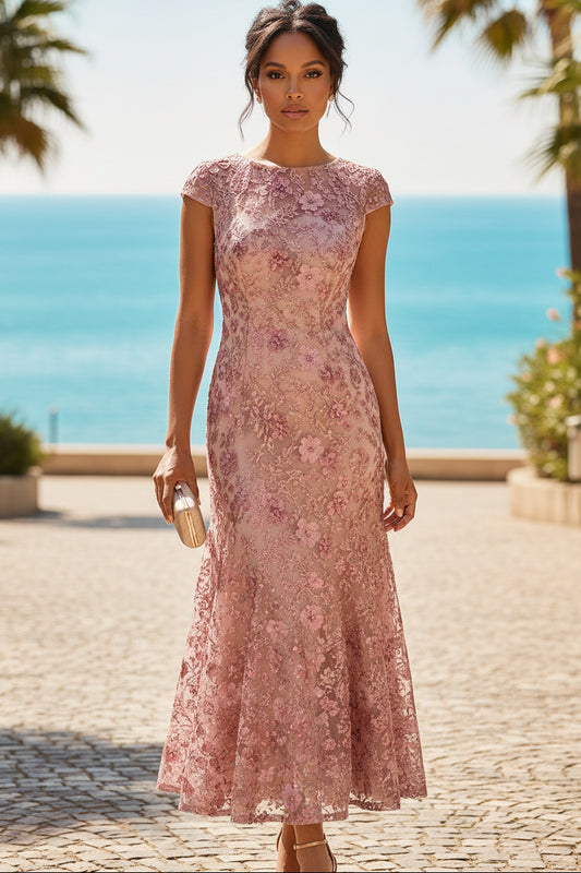 3D Floral Lace Cap Sleeve Mermaid Midi Dress